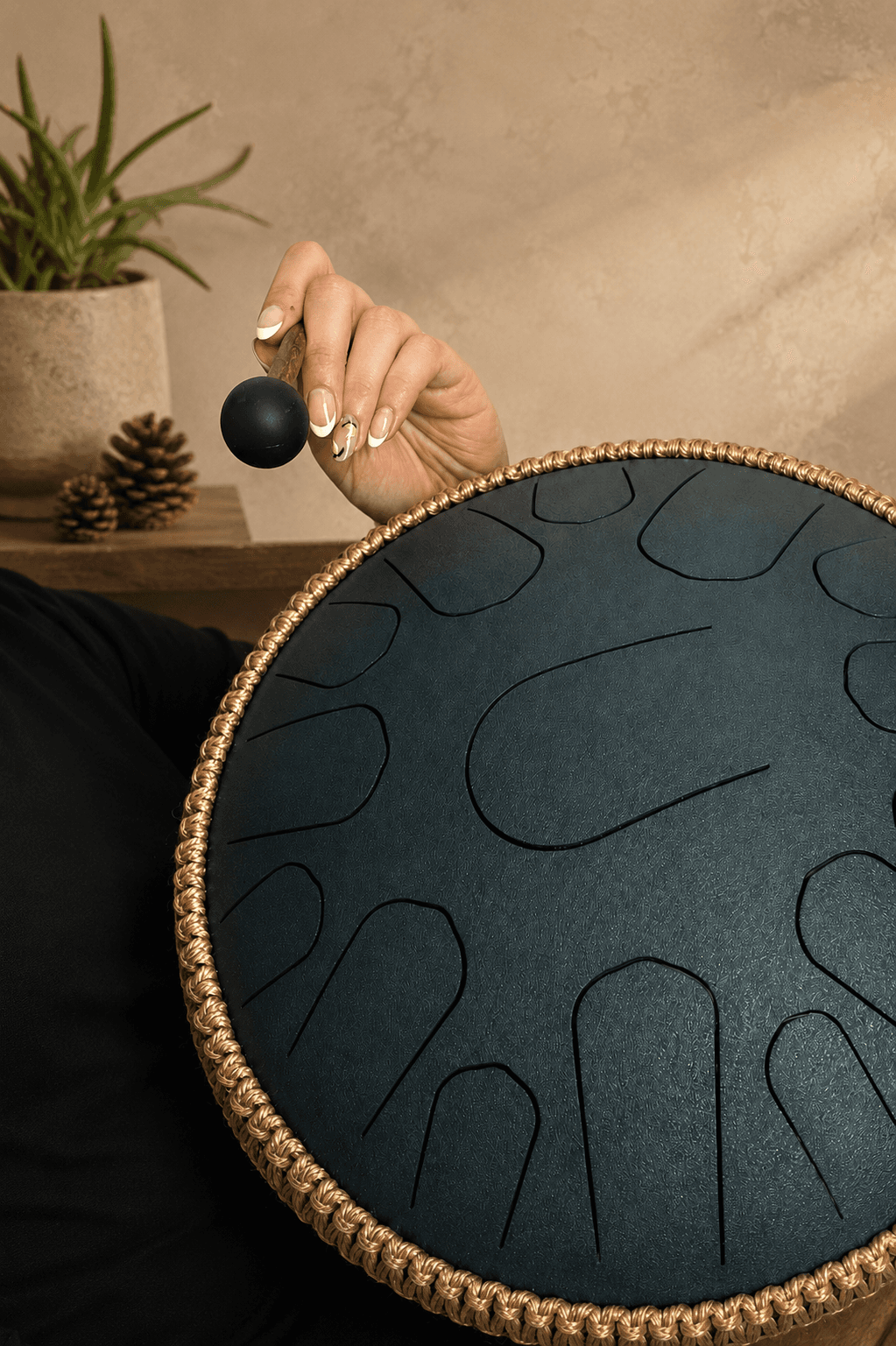 Close-up of a steel tongue drum and a soft mallet